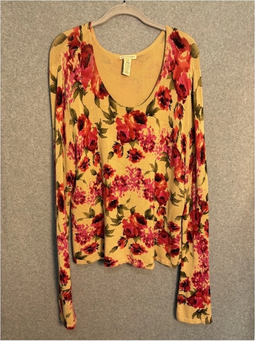 Apostrophe Yellow Scoop Neck Long Sleeve Top with Pink Floral Print